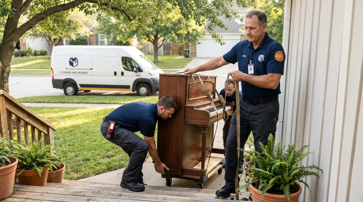 Licensed piano movers securing grand piano in Oliver, PA