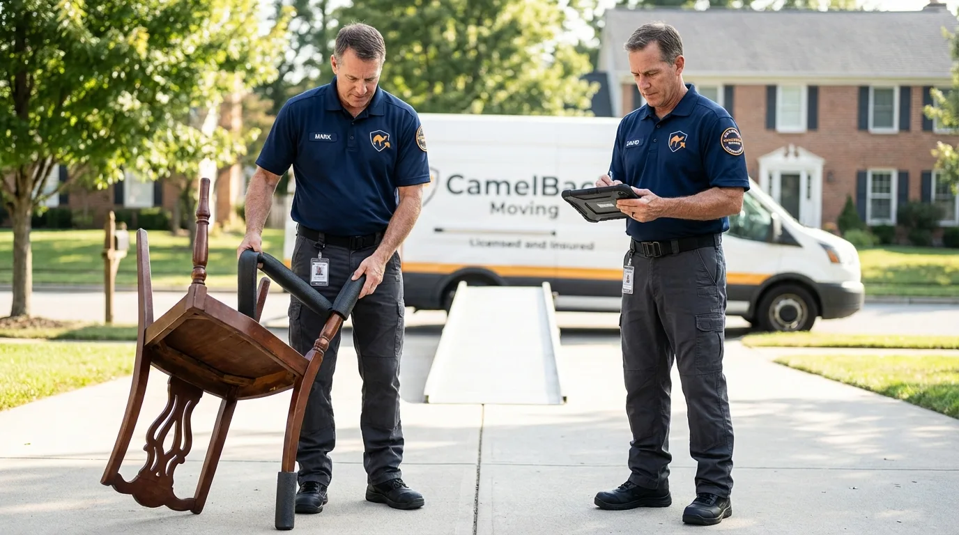 Movers inspecting furniture for damage prevention before loading in Oliver, PA