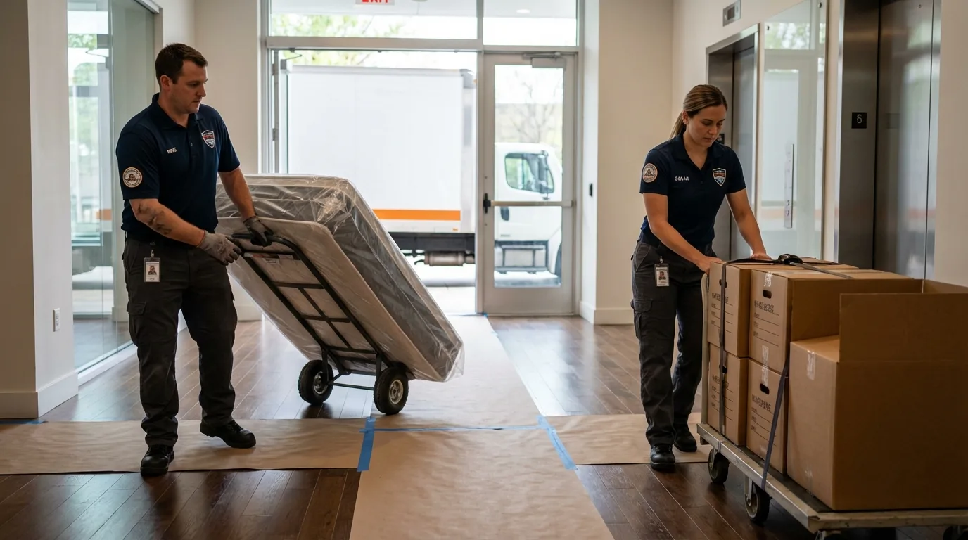 Professional apartment movers loading elevator in Oliver, PA