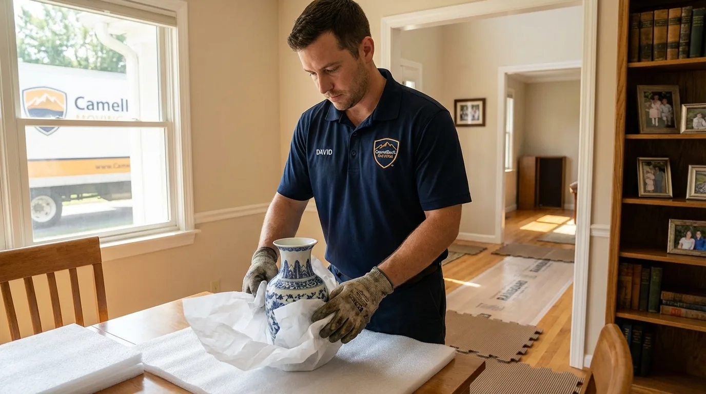 Professional crew carefully wrapping antique vase for senior downsizing move in Oliver, PA